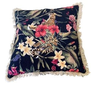 Milli Home Throw Pillow Nature Floral Tiger Cheetah Print Tassle 17” x 17”